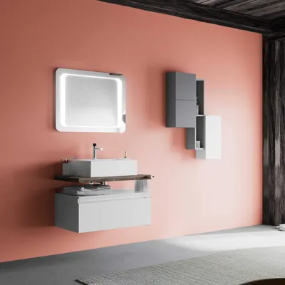 Immagine prodotto di Mobile bagno sospeso 80cm cassetto bianco, top rovere fossile, lavabo | Lagos