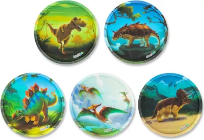 A collage of five round plates, each featuring a different dinosaur illustration in a prehistoric setting.