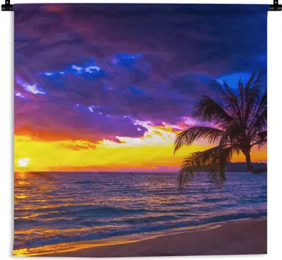 Produktbild von MuchoWow® Wandteppich Wandbehang Palme - Lila - Sonnenuntergang - Strand - Meer 150x150 cm Tapisserie Dekoration Wandtuch - Wohnaccessoires - Modernes