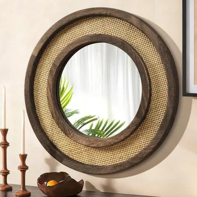 Produktbild von Wandspiegel mit Holzrahmen 40 cm rund - Spiegel für Wohnzimmer, Bad, Flur