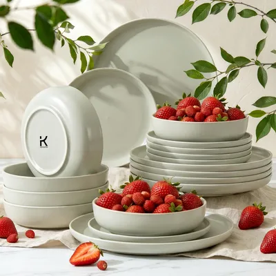 Obrázok produktu pre Konsimo jedálenský servis Stolový servis VICTO sada riadu Jedálenské taniere Polievkové taniere Dezertné taniere 6 osôb (18 ks), matná béžová/zelená/sivá