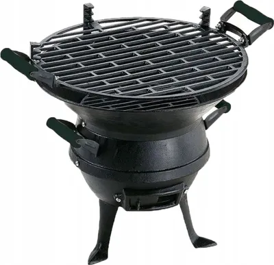 A black cast iron grill on a white background.
