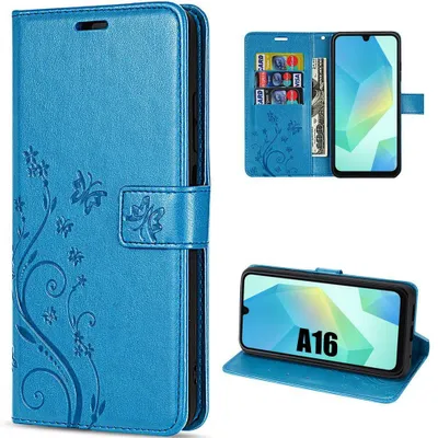 Image de Coque pour Samsung Galaxy A16 4G/5G, Protection Antichoc Anti-Rayures Cuir Synthétique Motif Relief Papillon Bleu