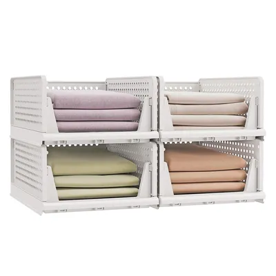 Produktbild von SONGMICS Schrank-Organizer klappbar, Kleiderschrank-Organizer stapelbar, ausziehbarer Korb 4er Set, Aufbewahrung und Organisation, Kunststoff