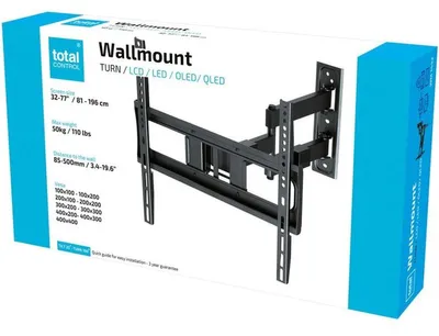 Productafbeelding van ONE FOR ALL Wandbeugel voor televisies, geschikt voor schermen van 32–77 inch, VESA-standaard tot 400x400, 180° draaibaar, kantelbaar (±15°/-5°) en met een instelbare wandafstand van 8,5–50 cm, draagvermogen tot 50 kg, zwart