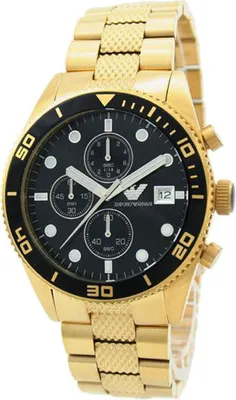 A close-up studio shot of a gold Emporio Armani chronograph watch with a black dial.