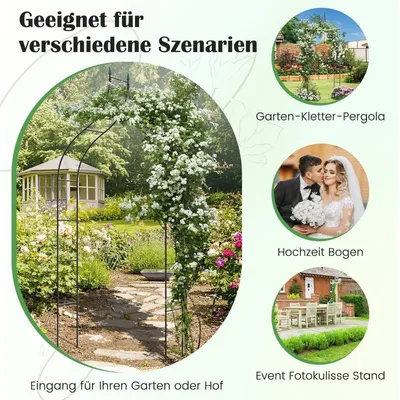 Productafbeelding van Metalen rozenboog voor de tuin, in gotische stijl, met rozenraster. Afmetingen: 125 x 39 x 287 cm