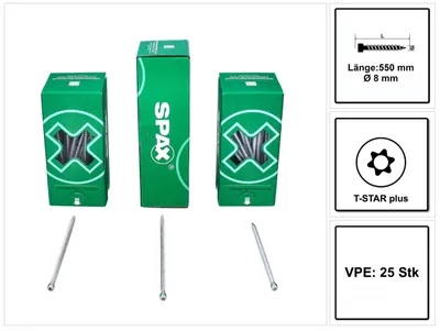 Produktbild von SPAX IN.FORCE Schraube 8,0 x 550 mm 25 Stk. Torx T-STAR Plus T40 ( 1221010805505 ) Vollgewinde Zylinderkopf WIROX CUT Bohrspitze