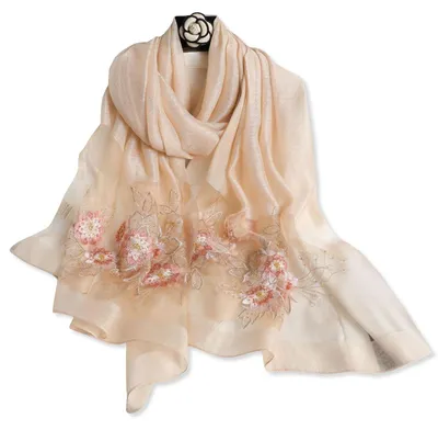 Immagine prodotto di Sciarpa in seta con ricamo a motivo di Ginkgo e finiture in chiffon, color champagne