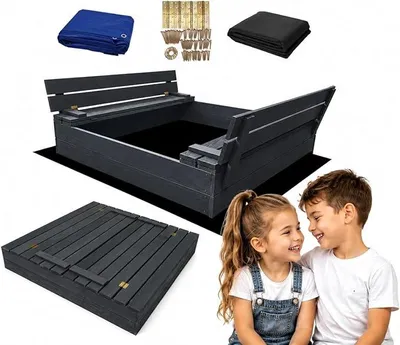 Produktbild von Sandkasten mit Abdeckung - 120 x 120 cm - Sandkasten Holz mit Deckel & Sitzbänken - Gartenspielzeug für Kinder - Sandkiste Imprägniert - Sandbox (Anthrazit)