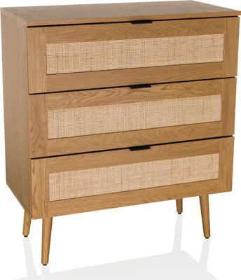 A three-drawer dresser with woven drawer fronts and tapered legs, presented on a white background.