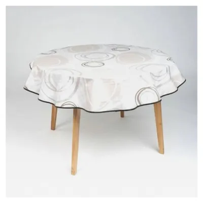 Produktbild von Runde Wachstuch Tischdecke 140cm abwaschbar mit Paspelband, Muster: Kreiswogen Weiß Beige