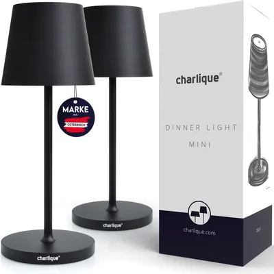 Produktbild von charlique® LED Akku Tischlampe mini (Doppelpack) - Dinner Light schwarz 28 cm - kabellose Tischleuchte mit USB, aufladbar, warmes Licht