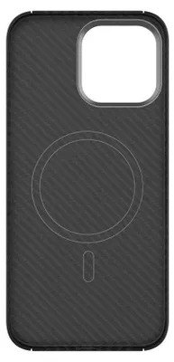 A black iPhone case with a carbon fiber texture and a circular cutout for MagSafe charging.