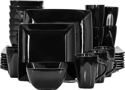 Produktbild von Geschirr-Set, schwarze Keramik, quadratische Teller, 32-TEILIG