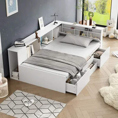 Obrázek produktu pro Abrihome dětská postel 90 x 200 cm se zásuvkami, policí a úložnou skříní, podstavec pod postel s úložným prostorem, jednolůžko, bílá