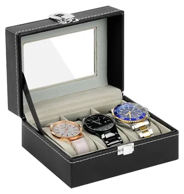 Produktbild von Uhrenbox mit 3 Fächern, Uhrenetui mit Glasdeckel, Uhrenetui mit herausnehmbaren Uhrenkissen, Metallverschluss, PolyurethanUhrenbox für Schmuck, Ringe, Armbänder und Halsketten, schwarz