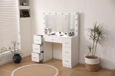 Produktbild von Spiegel-Schminktisch – Weiß – 110 x 40 x 135 cm – 7 Schubladen – Kosmetiktisch