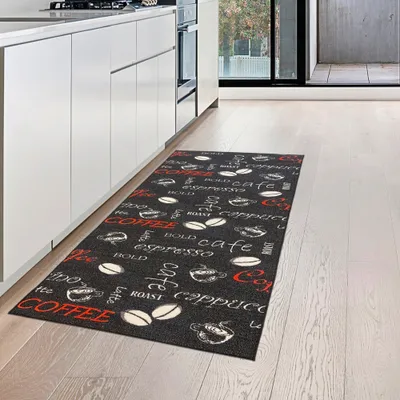 Produktbild von Küchenläufer mit Gelrücken und Schriftzug in rot und weiß Größe - 67 x 180 cm