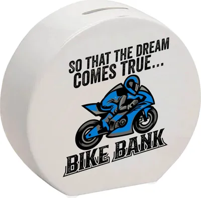 Produktbild von Bike Bank Spardose mit Spruch und Motorrad in blau