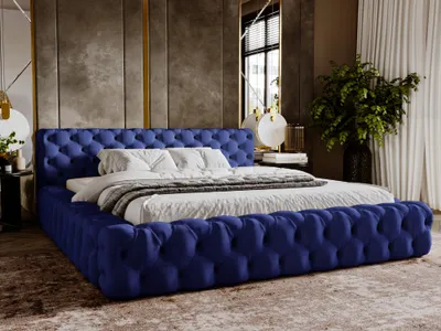 Obrázok produktu pre Čalúnená posteľ GRAINGOLD Glamour 160x200 cm Armani Bis - manželská posteľ Premium, zamatová látka, lamelový rám - posteľ so zásuvkou - modrá (Magic Velvet 2216)