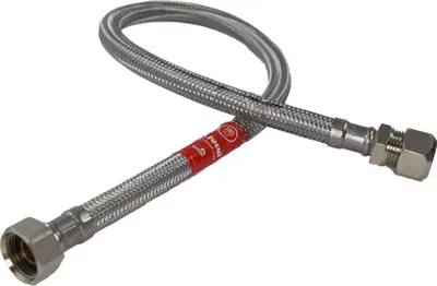 Produktbild von Edelstahl/TPE Armaturen-Flexschlauch DN 8 - 500 mm mit Quetschverschraubung 10 mm x Überwurfmutter 3/8" DVGW Panzerschlauch : 500 mm Größe: 500 mm