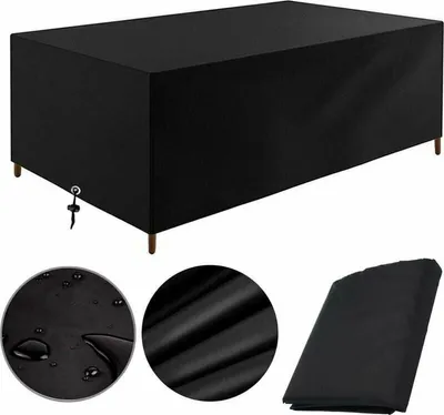 A black rectangular cover for outdoor furniture, shown from a slightly elevated angle, with close-up insets showing water droplets on the fabric and the fabric's texture, and a folded version of the cover.