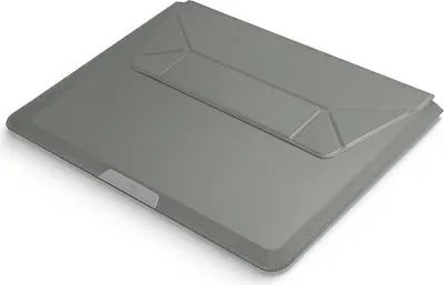 A closed laptop sleeve is shown from a diagonal angle on a light gray background.