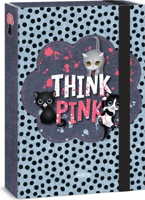 Produktbild von Ars Una Heftbox A4, Sammel- Heftmappe für Schulranzen, mit Gummiband und Innenklappen, Think Pink - Katzen, grau-rosa, für Mädchen