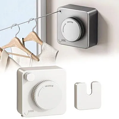 Produktbild von Versteckte Wäscheleine 4,6 m – 304 Edelstahlseil, Einstellbar & Rostfrei – Weiß, mit Spannsystem, Wandbefestigung