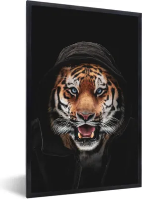 Produktbild von MuchoWow® MuchoWow® Gerahmtes Poster Tiger - Schwarz - Blau 20x30 cm - Poster mit zchwarzem Bilderrahmen - Drucken - Bilder Poster im Rahmen