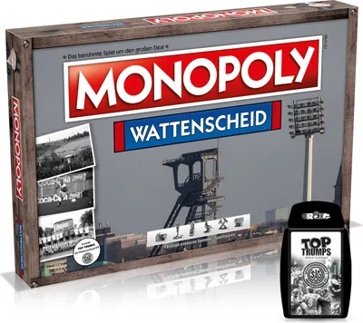 The image shows the packaging of a Monopoly board game themed around Wattenscheid, Germany, along with a pack of Top Trumps cards.