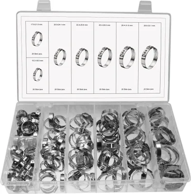 Produktbild von 140 x Edelstahl 1 Ohr Schlauchschellen / Schlauchklemmen Sortimente 9.6 - 24.1mm