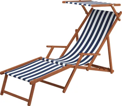 Produktbild von Liegestuhl blau-weiß Fußteil Tisch Kissen Gartenliege Deckchair Buche Sonnenliege 10-317FTKD