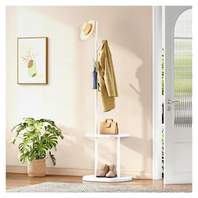 Produktbild von Garderobenständer mit 4 Haken und 2 Ablagen, freistehend, für Mäntel, Hüte und Taschen, geeignet für Eingangsbereich, Schlafzimmer, Wohnzimmer und Flur, Weiß