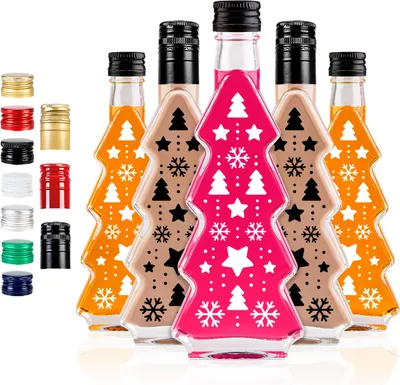 Zdjęcie produktu dla SUPERBUTELKI - 5x Butelka szklana Choinka 200 ml z CZARNYM NADRUKIEM ŚWIĄTECZNYM GWIAZDKI na nalewki, syrop, likier