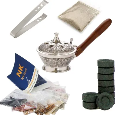 Produktbild von Silberne Räucherpfanne Set 14tlg mit Weihrauchmischung Sortiment Räucherkohle