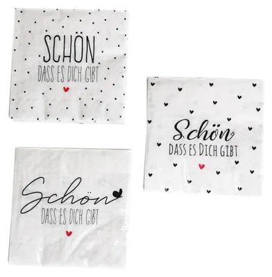 Produktbild von 3 x 20 Servietten 'Schön dass es dich gibt' weiß, rot, schwarz - 3-lagig 33 x 33 cm