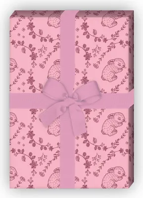 Produktbild von Süßes Geschenkpapier mit schlafendem Baby Hasen in Blumenranken, rosa - G11914, 32 x 48cm