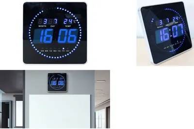 A collage of images showing a digital clock with blue LED display, its features, and how it looks mounted on a wall.
