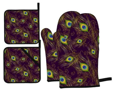 Produktbild von 4-teiliges Set aus Ofenhandschuhen und Topflappen, rutschfeste Koch- und Küchenhandschuhe, waschbar, hitzebeständig für Mikrowelle, Grillen und Backen