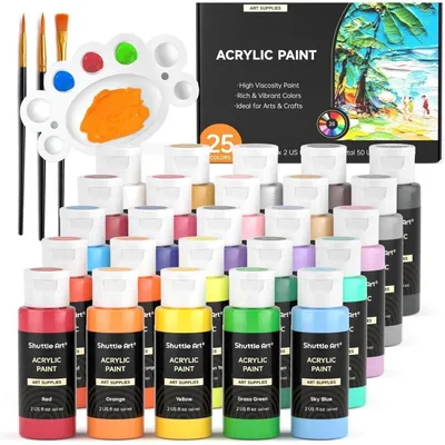 Productafbeelding van Acrylverfset, 25 kleuren, 60 ml, 3 penselen, palet met 25 basiskleuren