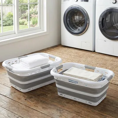 Produktbild von 2er-Set Faltbarer Wäschekorb 41L - Platzsparender Wäschesammler aus Kunststoff mit Belüftung - Ultraflach 8,5 cm für Waschküche & Camping