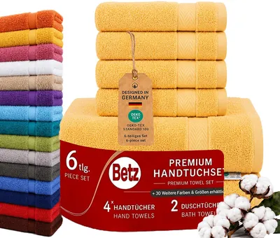 Produktbild von Betz 6er Handtuch Set Premium – 4 Handtücher 50x100 cm – 2 Duschtücher 70x140 cm - 100% Baumwolle – Frottee Handtücher für Bad, Gäste,Alltag honiggelb