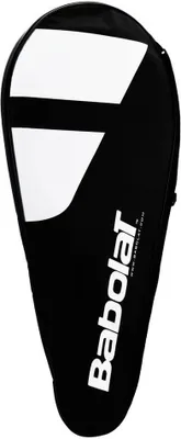 A black Babolat tennis racket cover with white logos and text.
