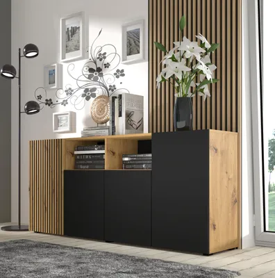 Zdjęcie produktu dla Komoda AURIS 4D 180 cm z 4 drzwiczkami, dąb Artisan / czarny mat