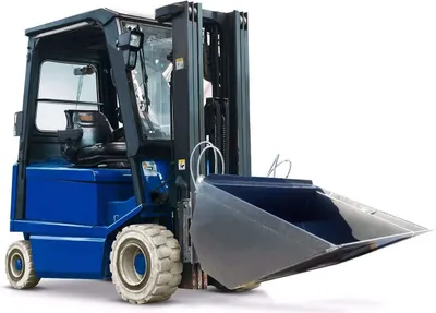 A blue forklift with a large silver bucket attachment, shown against a white background.