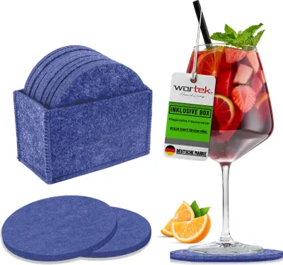 Produktbild von wortek Filz Untersetzer - Deko Tischset + Aufbewahrungsbox I  für Gläser & Tisch, 10er Set I 10cm I Rund, Blau