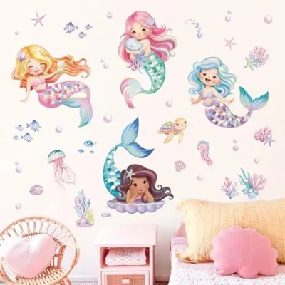 Productafbeelding van PromoHome® Set onderwaterzeemeermin muurstickers – Oceanenthema decoratie met vissen, zeesterren en schildpadden voor kinderkamers