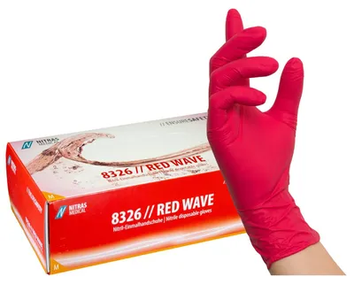 Produktbild von NITRAS RED WAVE, Nitril-Einmalhandschuhe, rot, EN 455, EN ISO 21420, EN ISO 374, EN 421, Box à 100 Stück Gr.: L